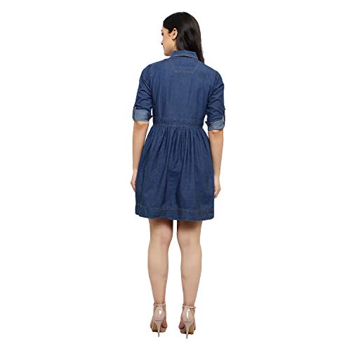 Image of Women's Casual Denim Dress with Regular Fit Solid Pattern Knee-Length 3 /4th Sleeves Flare A-line Design|Denim midi Dress for Women