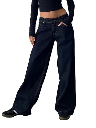 Y2K Jean boyfriend pantalon décontracté taille basse jambe large bleu foncé