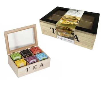 Wooden Tea Box White 6 Compartment Tea Bag Chest Box Storage Organizer Glass Lid