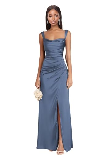 Spaghetti Straps Satin Dusty Blue Bridesmaid Dresses Long with Slit for Women Satin Cowl Neck Formal Wedding Guest Dress Classic Mermaid Sleeveless Silky Evening Gowns with Pleated US0
