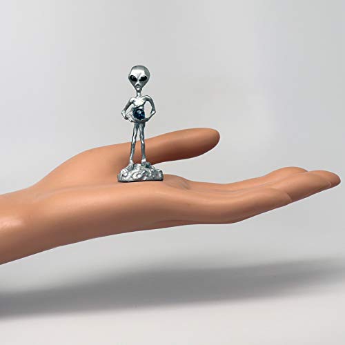 Real Metal Ufo Alien Holding Faceted Crystal Ball Pewter Statue Gray #TOP4
