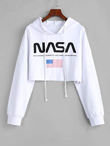 ZAFUL Cropped    Hoodie American Flag NASA Logo Print Sweatshirt Drawstring Women Crop Pullover White-Hoodie M