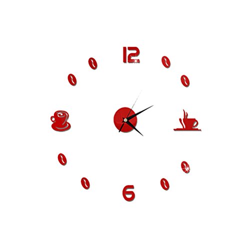 WINOMO Reloj de pared adhesivo silencioso 3D espejo reloj de pared (taza de café roja)