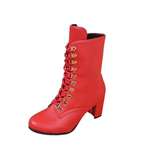 Green Mid Calf Boots for Women:Fashion Lace up Combat Booties Round Toe Leather Side Zipper Winter Warm Footwear Shoes Party Dressy(Red,Size7)