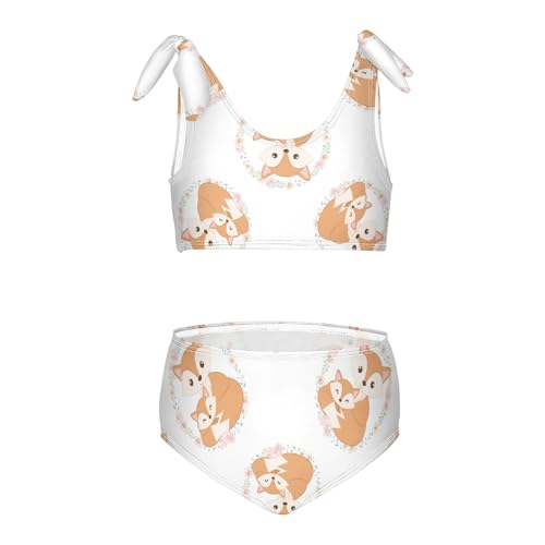 Girls Cute Fox Animals Pattern Swimsuit Two Pieces Bikini Set Bathing Suits Swimwear Crop Top Swimsuit Set,5-6T
