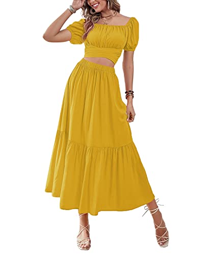 Lyaner Women's 2 Pcs Outfits Wrap Tie Short Sleeve Crop Top Ruffle Maxi Skirt Set Yellow Large #TOP3