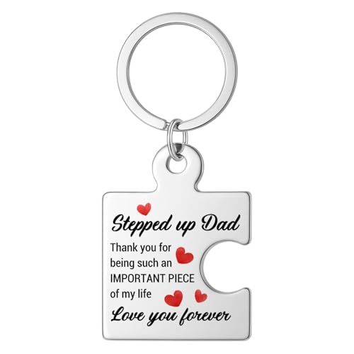 XFFJGVR Stepped up Dad Gifts from Stepdaughter Stepson, Stepdad Stepfather Gift for Birthday Christmas Valentine's Day Fathers Day, Stepped up Dad Metal Puzzle Piece Keychains