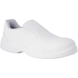 Zapatos De Seguridad Blancos Mujer REPOSA Zapatos de Trabajo de ENFERMERÍA. Zapatos Sin Cordones y con Punta con Talón Cerrado. Suela Antideslizante de Poliuretano SRC con Sistema Antichoque y Antiestático. Tela Transpirable y Ligera