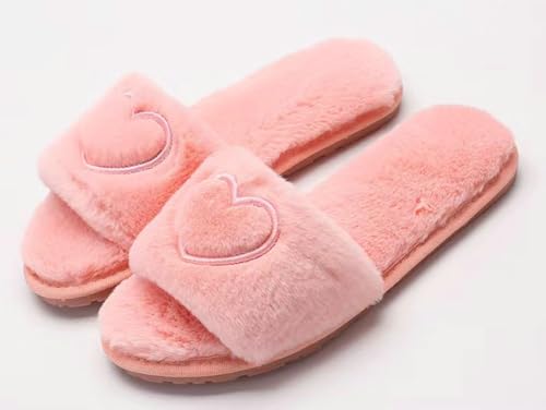 Fluffy House Slippers Cute Heart Pattern Slides Slippers for Women Faux Fur Open Toe Slippers Indoor Slip-on Home Shoes2