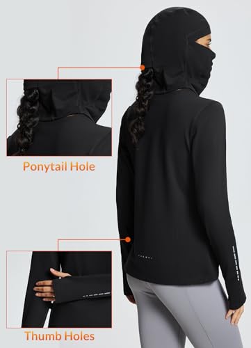 Baleaf Winter Thermal Shirts Women Warm Fleece Running Tops With Balaclava And Thumbholes Outdoor Hiking Cycling Black L thumb #4