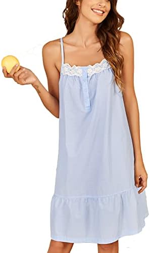 Ekouaer Women's 100% Cotton Lace Nightgown Sleeveless Sleep Dress Victorian Sleepshirt Button Strap Gown