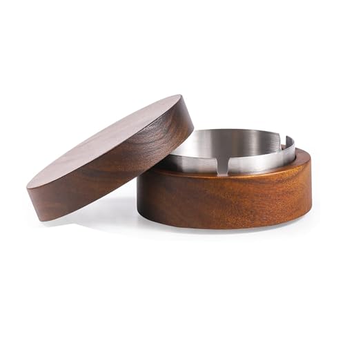 OYUUJII Wooden Ashtray with Lid,Ashtray Smell Proof Stainless Steel Insert Ash Tray Windproof Detachable Indoor And Outdoor for Home,Office,Parties