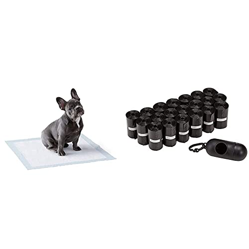 Amazon Basics - Toallitas de Entrenamiento para Mascotas (tamaño Regular, 100 Unidades) + - Bolsas para excrementos de Perro con dispensador y Clip para Correa (300 Bolsas)