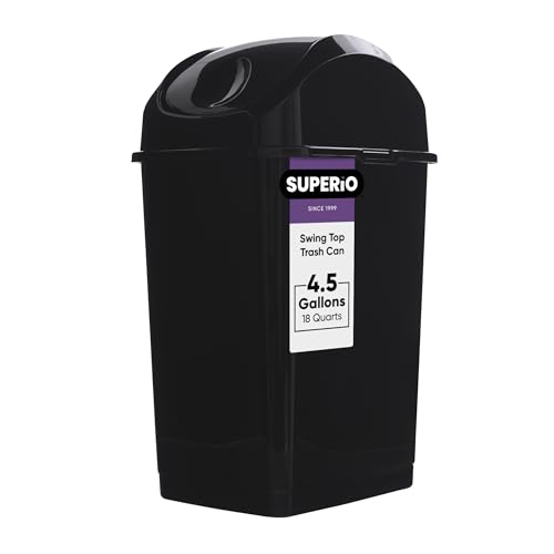 Image of Superio Medium Trash Can with Lid 4.5 Gallon Plastic Swing Top Garbage Can Slim Waste Bin for Under Sink /Cabinet, Laundry Room, Kitchen, Office, Bedroom, Bathroom, College Dorm, 18 Qt, Black