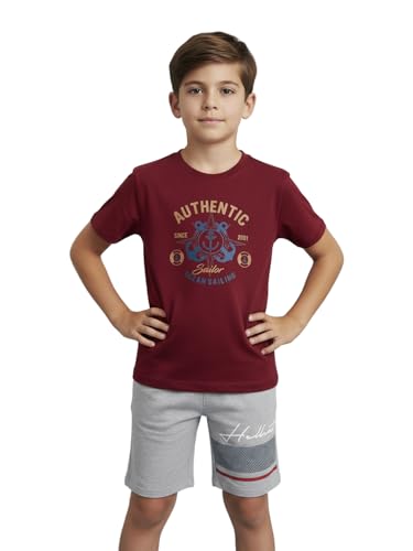 HELLCAT Boys Printed Round Neck T-Shirt with Shorts Clothing Set | Kids Cord Set Boys | Value Pack Casual Outfit | Comfortable Wear Pack of 1_Blue9_11-12Years Deal