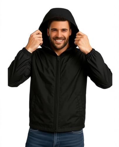 Image of Nephar Men's Waterproof Hooded Zip Rain Jacket - Lightweight Black Windcheater for Daily Wears & Outdoors