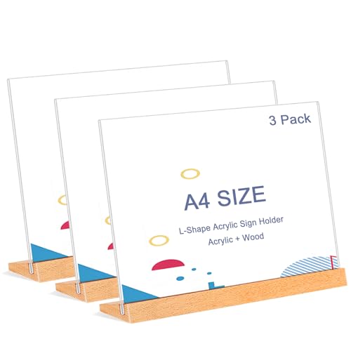 Rifeinoo Acryl Aufsteller A4 Querformat mit Holz Sockelboden ,3 Stück Tischaufsteller A4,Plakatständer kann Aufsteller Poster, Flyer, Speisekarten, L- Ständer für Werbeaufsteller,Restaurant,Theke