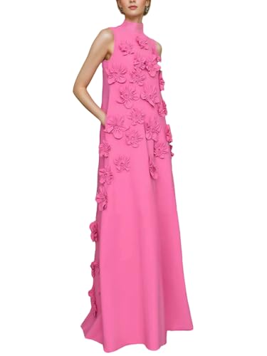 Women's Desinger 3D Flowers Summer Evening Party Dress Stand Collar Sleeveless Formal Maxi Dresses