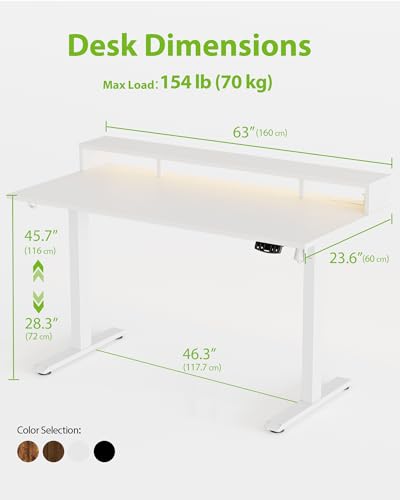 Image of Agilestic 63x24 Inch Electric Standing Desk with Shelf, Height Adjustable with Power Outlets & LED, Sit Stand up Table with Monitor Stand, Computer Workstation, White