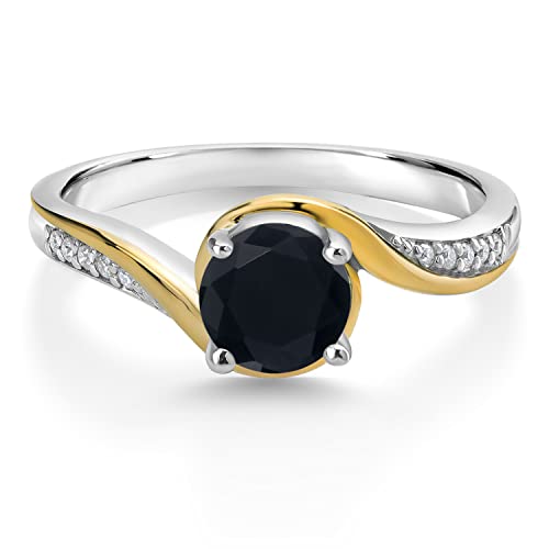Gem Stone King 925 Sterling Silver and 10K Yellow Gold Round Black Onyx and White Moissanite Engagement Ring For Women (0.85 Cttw, Gemstone Birthstone, Available In Size 5, 6, 7, 8, 9)3