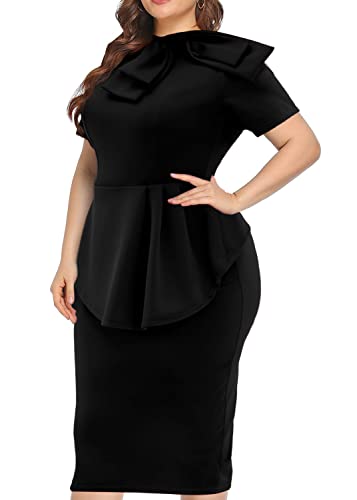 Image of WanMem Plus Size Dress for Curvy Women Semi Formal Cocktail Party Midi Dress Bodycon Short Sleeve Bow Ruffle Pencil Dresses