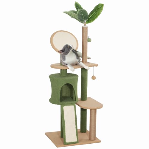PawHut Cat Tree for Large Adult Indoor Cat with Green Leaves, 55 Inch Cat Tower with Scratching Posts, Condo, Scratching Pad, Ramp, Two Dangling Balls, Green