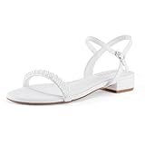 Shoe'N Tale Strappy Heels for Women Low Chunky Block Round Open Toe Ankle Strap Sandals(8.5,White)