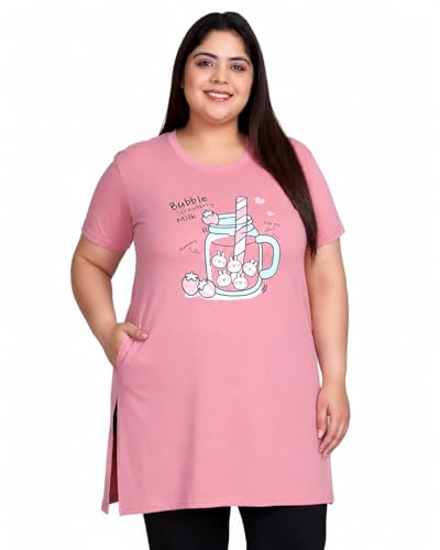 Image of In Love Women Cotton Regular Fit Plus Size Long-Line Chest Print T-Shirt with Pocket