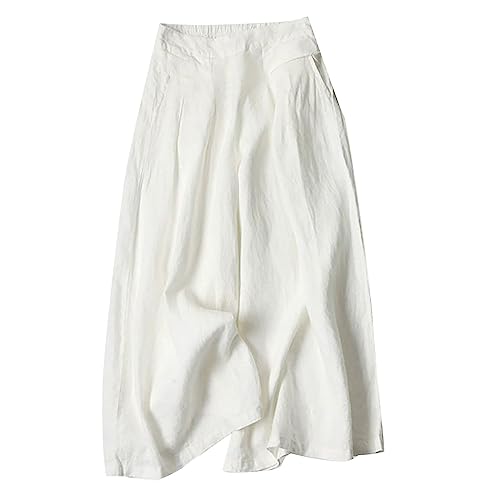 Generisch Pantalones palazzo para mujer, de lino, informales, cintura alta, pierna ancha, pantalones culotte fluidos, con cordón, pantalones de yoga, pantalones de chándal para mujer, Blanco, L