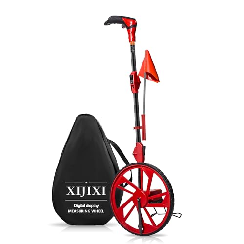 XIJIXI Distance Measuring Wheel in feet,Measure Wheel,Collapsible Rolling Measurement Wheel,12.5”Diameter Wheel,With One key to Zero,Upgrade Flag Holder,With 10 Survey Flags(Red）