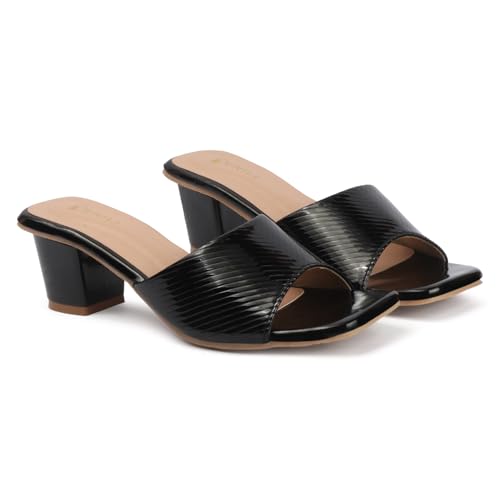 Image of Denill Women's Slip-On Heeled Sandals Square Toe, Textured Upper & Non-Slip Sole