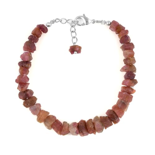 CRYSTALINES Genuine Raw Pink Tourmaline Gemstone Bracelet, Untreated Rough Crystals, Handmade Boho Jewelry, Raw String Stones, Silver Hypoallergenic Chain, Birthstone, Gift for Women, 7+1inch