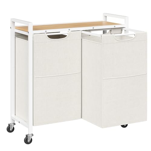 HOOBRO Cesto para Ropa Sucia, Cesta Colada con 2 Bolsas Extraíbles, Carro de Lavandería, 2 x 49,5 L, 70 x 30 x 77 cm, para Lavadero, Baño, Blanco y Natural EWN72XY01