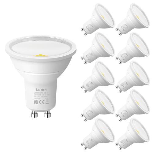 Lepro GU10 LED Bulbs, Cool White 6500K, A Energy Class, 590LM, 3.3W (50W Equivalent), 100° Wide Beam Angle, 50000H Long Life, Energy Saving LED Spotlight Bulb, Non-Dimmable, Pack of 10 White