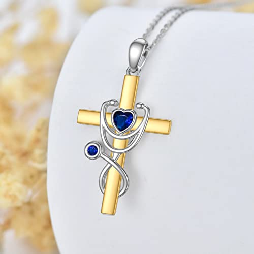 SISGEM 10K Real Gold Cross Pendant Necklace for Women,White/Yellow Gold Stethoscope Heart Necklaces,Medical Jewelry for Doctor Nurse Medical Student RN Nurse Gifts,16''+2''3