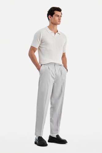 Image of SNITCH Men Trousers Formal Wear | Relaxed Fit Straight Leg Pleated Front & Turned-up Hem Design | Polyester Blend Medium-Stretch Fabric for Office Meetings & Daily Professional Use