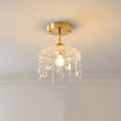 TCHAUSGZOZ Lámpara de techo minimalista latón cepillado semiempotrada: iluminación estilo nórdico con vidrio y cristal for pasillo, sala estar recibidor(20CM*25CM)