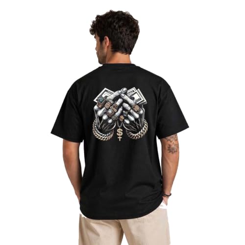 Image of Men's Oversized Black Graphic Printed T-Shirt | Premium Cotton Blend Half Sleeve Round Neck Casual Streetwear Tee for Men|Size S to XXL