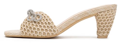 Vepose Women's Nude Heeled Sandals, Woven Raffia Approx 3 Inch Flared Block Chunky Slip on Mules with Sparkly Bow - Square Open Toe Prom Night Wedding Size 6 (CZR6103 Nude 06)