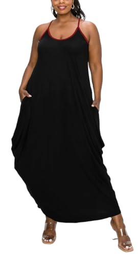 Image of BFFBABY Women's Casual Maxi Dress Sleeveless Pure Color Spaghetti Strap Summer Plus Size Swing Sundress with Pockets, X-Large, 9475-black