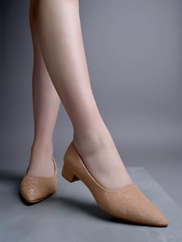 Image of Shoetopia Women's Low Block Heel Pumps - Elegant Pointed Toe Slip-On Dress in Textured Finish - Comfortable Office & Formal Footwear