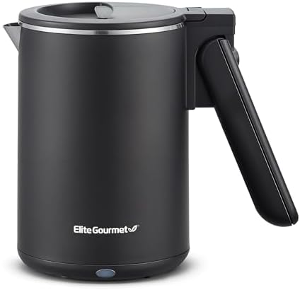 Elite Gourmet Dual Voltage 120-230V, Travel Double Wall Insulated Cool-Touch, 0.6L Electric Kettle Stainless Steel Interior, Hinged-Locking Lid, Auto Shut-Off, Boil Dry Protection, Black