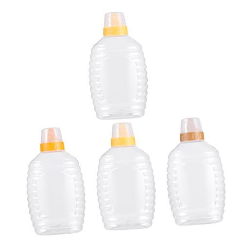 MUCKLILY 4Pcs Transparent Plastic Honey Bottles with Lids Capacity Food Packaging Jars for Honey Jam Bbq Reusable and Compact Dispenser for Home