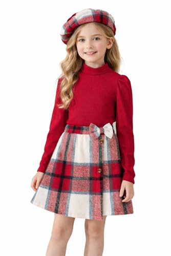 Conjunto de ropa para niña con falda a cuadros y gorro ideal para días de otoño