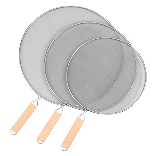 3 Pcs Splatter Screen for Frying Pan, Stainless Steel Fine Mesh Oil Splatter Guard, Splatter Guard with Wood Handle, Grease Splatter Guard for Cooking to Prevent Oil Splatter