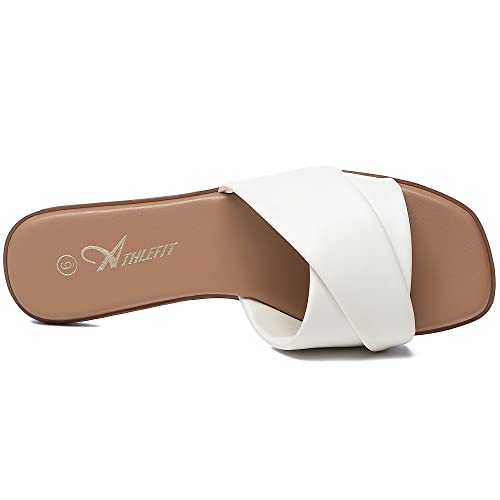 Athlefit Women's Summer Flat Sandals Slip On Square Toe Soft Leather Slide White Sandals Size 5.5 #TOP1