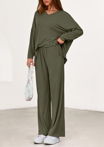 PRETTYGARDEN 2 Piece Lounge Sets for Women Fall Outfits 2025 Casual Loose Long Sleeve Tops Wide Leg Pants Matching Pajama Set