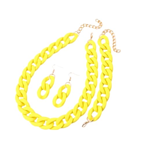 Caiyao 3Pcs Colorful Acrylic Chunky Necklace Bracelet Earrings Set Exaggerate Resin Cuban Link Chain Collar Necklace Geometric Statement Necklace for Women 70S 80S Costume Party Jewelry-Yellow