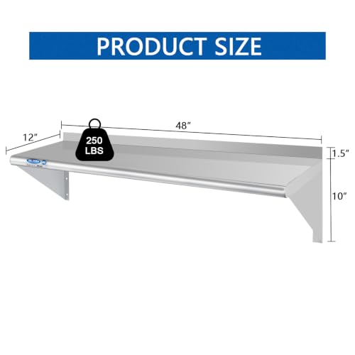 Image of HARDURA Stainless Steel Shelf 12 inch x 48 inch, 250lb Commercial Shelves Wall Mount Metal Shelving with Backsplash and Brackets for Kitchen, Restaurant, Laundry Room and Home