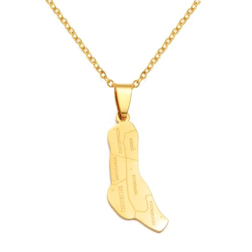 Everyiod Carte Des Comores Avec Colliers De Nom De Ville, Collier Pendentif Carte Des Comores Bijoux De Mode Rétro Charme Motif Géométrique Frontière Du Pays, Jaune, 60 Cm